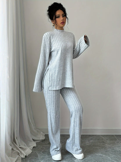 Elegant Women's Polyester Knit Sweater Set with Turtleneck Collar - Solid Color Long Sleeve Top and Pants Combo for All Seasons