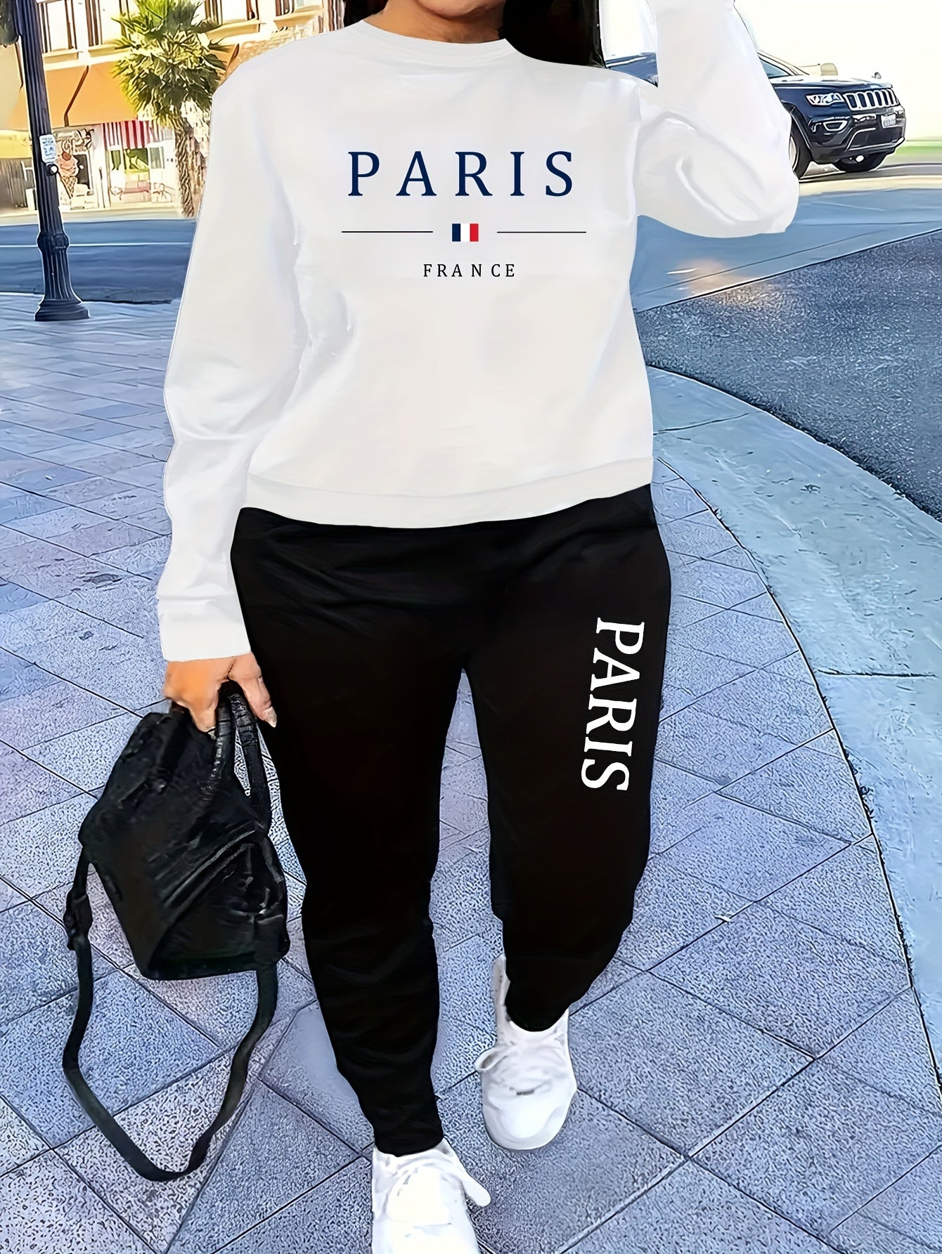 Cozy Paris Letter Print Sweatshirt and Pants Set for Women - Soft Knitted Fabric, Stretchy Polyester, Round Neck, Casual Sports Outfit for Autumn/Winter - Perfect for Lounging, Jogging, or Daily Wear