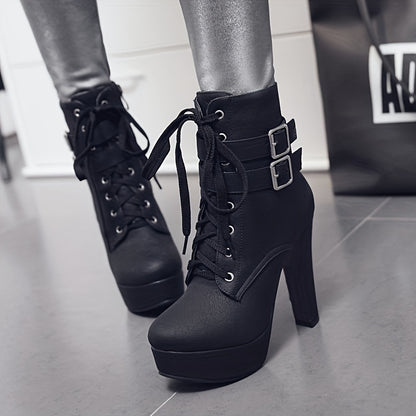 Botas de tacón alto con cordones de color liso a la moda para mujer - Tacón de aguja con base de bloque estable - Correa de tobillo con hebilla segura - Modernas y cómodas