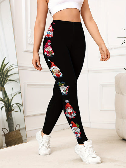 Leggings de yoga de cintura alta con estampado navideño festivo para mujer, pantalones deportivos de fitness de poliéster elástico, patrón asimétrico de Papá Noel, ajuste regular para todas las estaciones