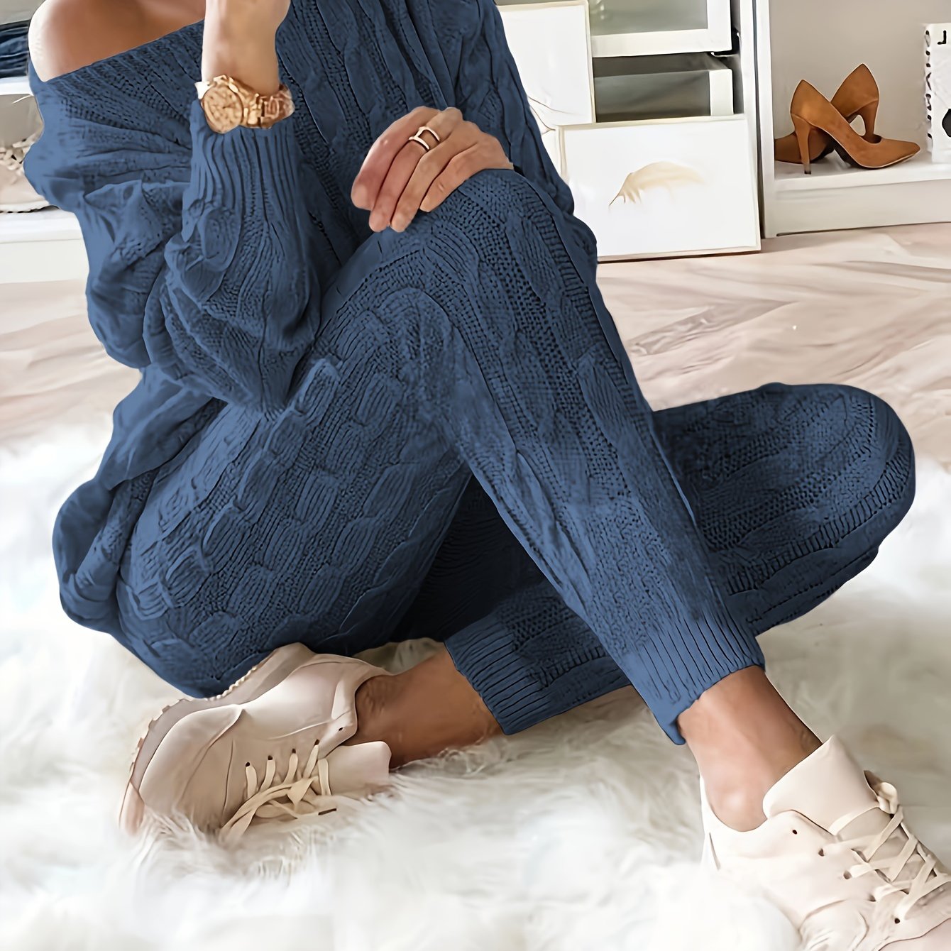 Solid Knitted Matching Two-piece Set, Casual Long Sleeve Sweater & Pants Outfit