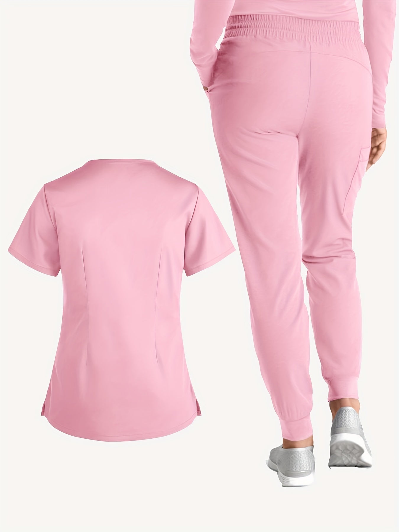 Stylish Solid Two-Piece Scrub Set - Women's Medical Uniform, Elegant V-Neck Short Sleeve Top & Drawstring Pants Outfit with Comfortable Fabric for Healthcare Professionals - Easy Care, Breathable, and Relaxed Fit