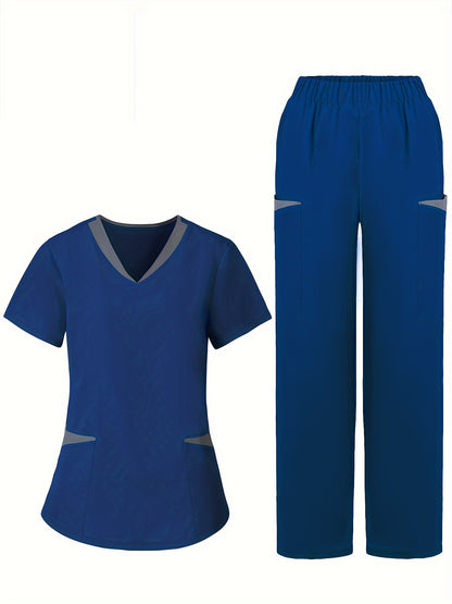 Modern Contrast Trim Scrub Set - 2pcs Health Care Uniform