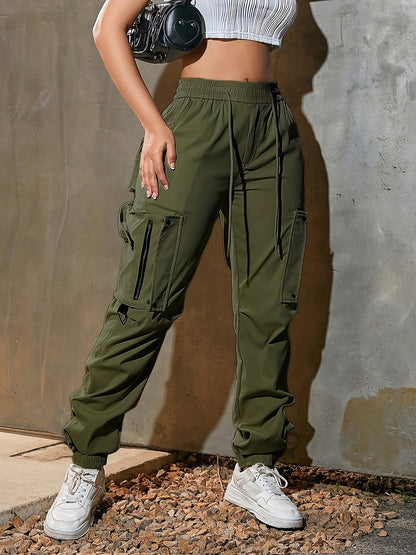 High-Waist Wide-Leg Cargo Pants - Casual Fashion, Soft Polyester, Drawstring Elastic Waist, Multi-Pocket Design