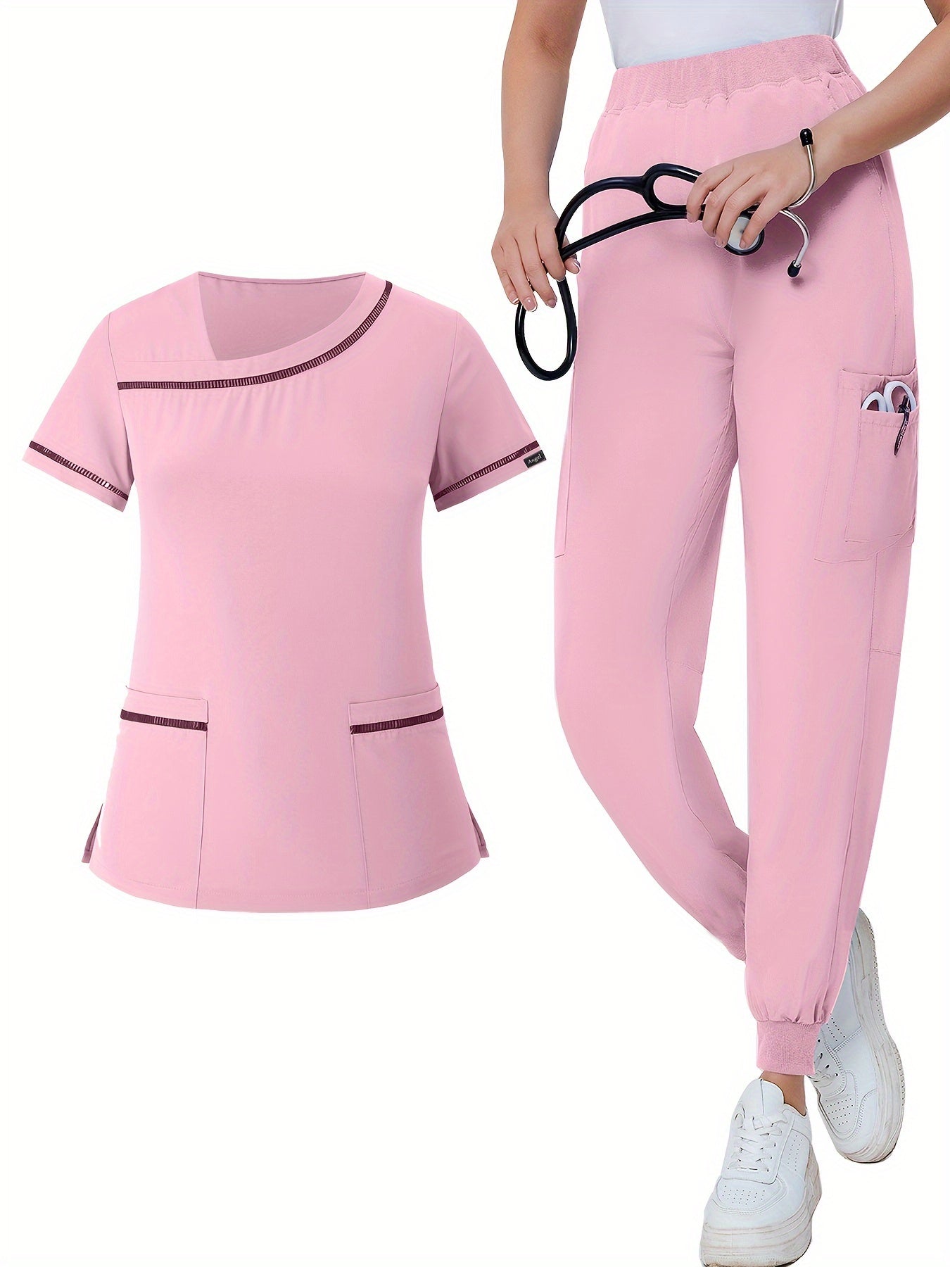 Conjunto de uniforme médico de dos piezas, color liso, bolsillos de parche funcionales, manga corta, uniforme médico cómodo para mujeres, atención médica, enfermería, ropa de hospital