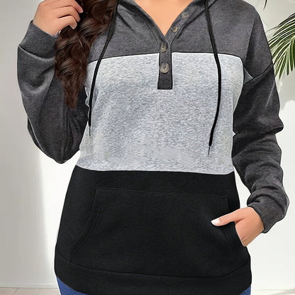 Plus Size Color Block Drawstring Hoodie, Casual Long Sleeve Kangaroo Pocket Button Front Hooded Sweatshirt