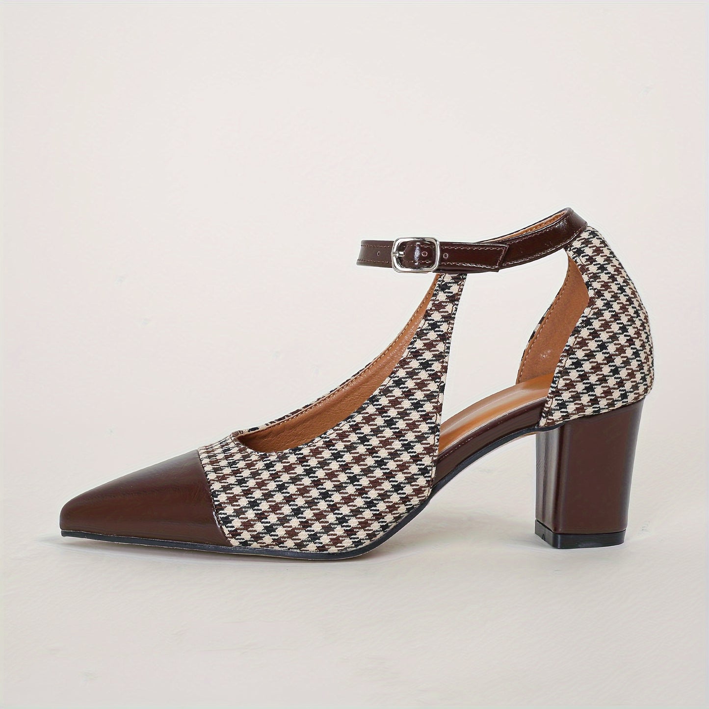 Mid Heel Womens Houndstooth Pattern Ankle Strap Shoes - Soft, Lightweight, Elegant Pointed Toe Dress Shoes with Block Heel, Faux Leather Insole, and Rubber Sole - Perfect for All-Season Wear