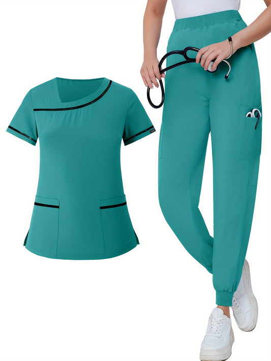 Two-Piece Solid Scrub Set - Functional Patched Pockets, Short Sleeve, Comfortable Medical Uniform for Women - Medical Care, Nursing, Hospital Wear