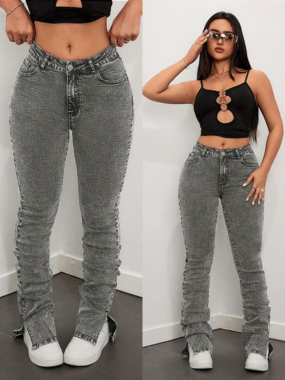 Women's Grey Stretch Denim Jeans, Mid-Rise with Frayed Hem & Side Slit, Y2K Street Style Slim Fit Fashion Pants