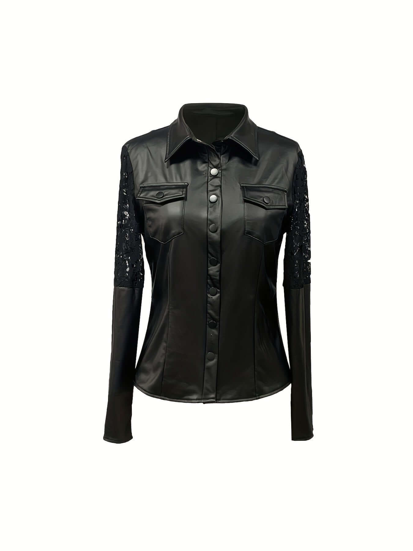 Chaqueta de piel sintética de moda para mujer con detalle de encaje en contraste, color liso, corte ajustado, parte superior informal, poliéster 90 % elastano 10 %, para todas las estaciones