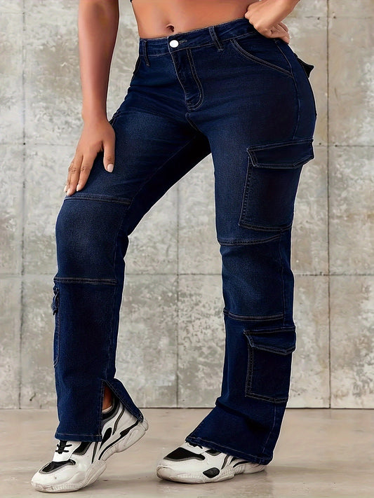 Plus Size Women's Loose-Fitting Denim Jeans with Stylish Pockets and Slight Stretch for Casual Weekend Wear in Solid Color