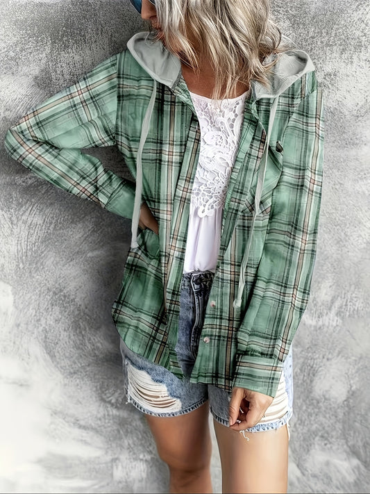 Cozy Plaid Hooded Long Sleeve Jacket Hoodie - Soft, Breathable, Casual Wear for Spring & Fall - Women's Comfortable Clothing for Outdoor Activities