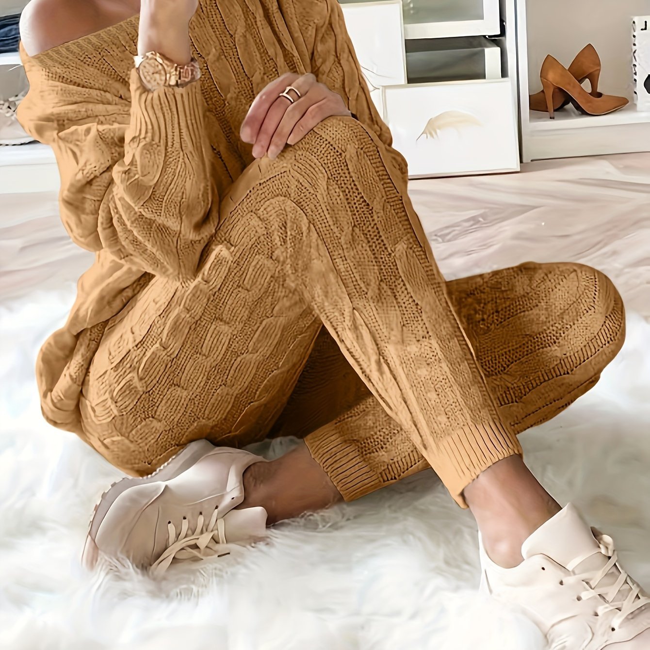 Solid Knitted Matching Two-piece Set, Casual Long Sleeve Sweater & Pants Outfit