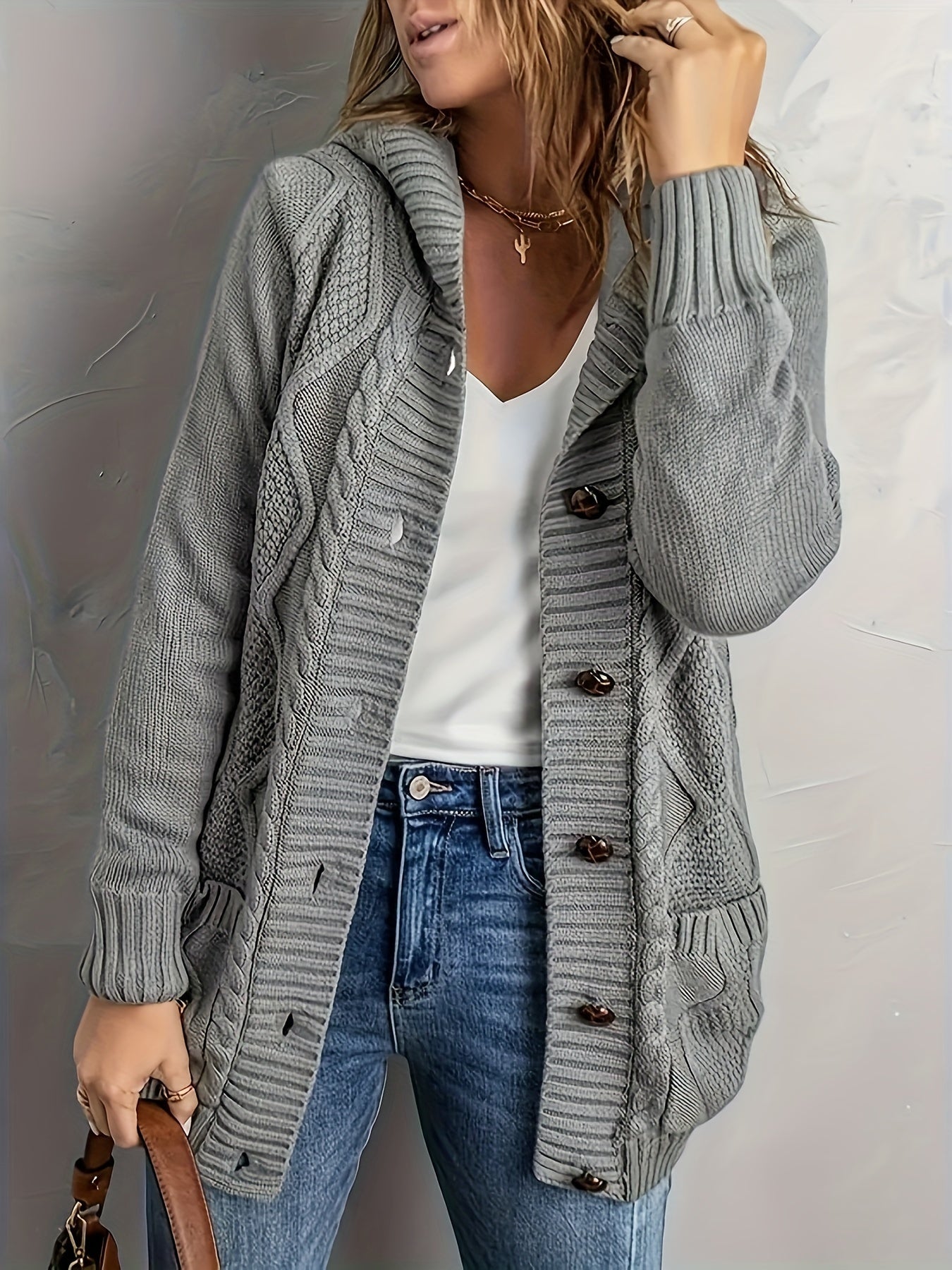 Plus Size Womens Cozy Hooded Cardigan - Soft High Stretch Long Sleeve Button Up with Pockets for Fall/Winter - Polyester Knit Fabric, Solid Color, Casual Oversized Style