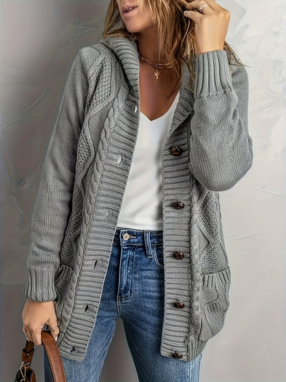 Plus Size Womens Cozy Hooded Cardigan - Soft High Stretch Long Sleeve Button Up with Pockets for Fall/Winter - Polyester Knit Fabric, Solid Color, Casual Oversized Style