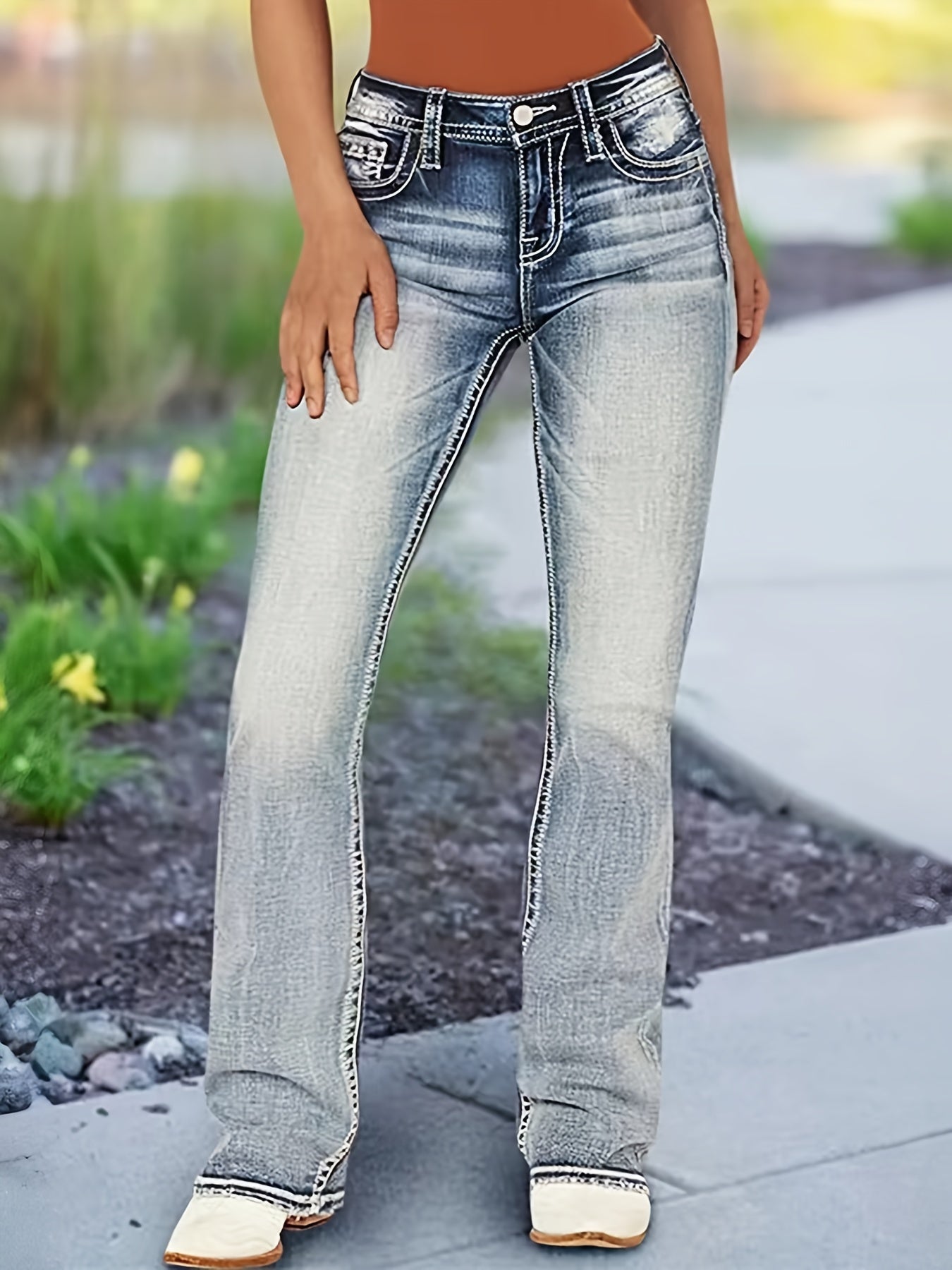 Stylish High-Waisted Embroidered Jeans - Four-Season Stretchy Comfort, Machine Washable, Soft Cotton-Polyester Blend Fabric, Classic Casual Fit, Versatile for Daily Wear - Easy Care, Long-Lasting Durability - LuxyXO