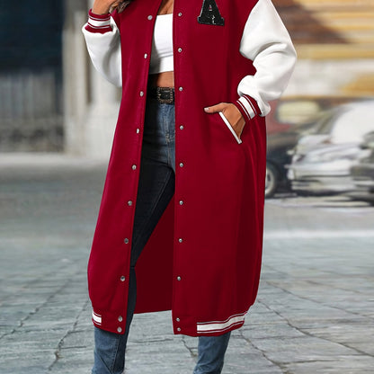 Plus Size Color Block Button Front Jacket, Casual Long Sleeve Longline Jacket For Fall & Winter