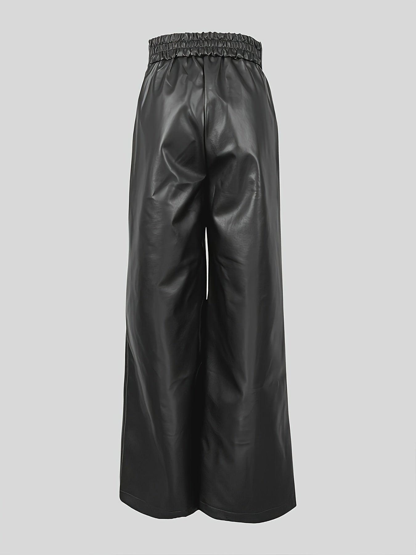 Women'S High Waisted Faux Leather Wide Leg Flared Pants - Casual Loose Fit With Pockets, Elasticized Waistband At Back, Woven Solid Color, Micro Fashion - Spring/Summer/Fall/Winter Collection