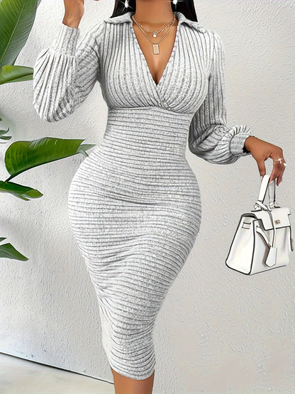 Solid Color Long Sleeve Ribbed Dress, Elegant Lapel High Waist Slim Dress, Women's Clothing