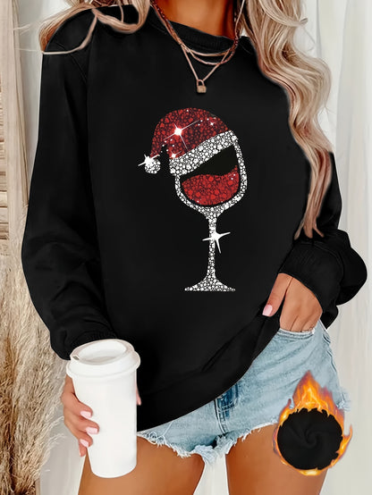 Sudadera acogedora con forro polar y temática navideña para mujer, estampado festivo de copas de vino, cuello redondo, manga larga, para otoño e invierno | Mezcla de poliéster lavable a máquina