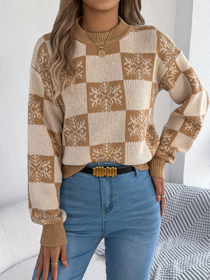 Women's Christmas Sweater, Casual Vacation Style, Color Block Snowflake Pattern, Long Sleeve Pullover, Round Neck, Nylon Knit, Autumn/Winter Season, Fashion Knitwear