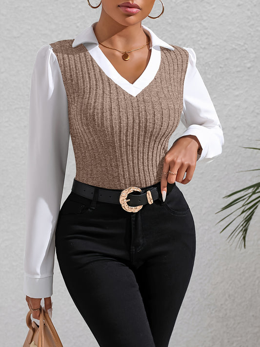 Chic Color Block Blouse with Faux Twinset - Trendy Lapel Collar & Long Sleeves - Ideal for Spring & Fall - Womens Casual Fashion Essential