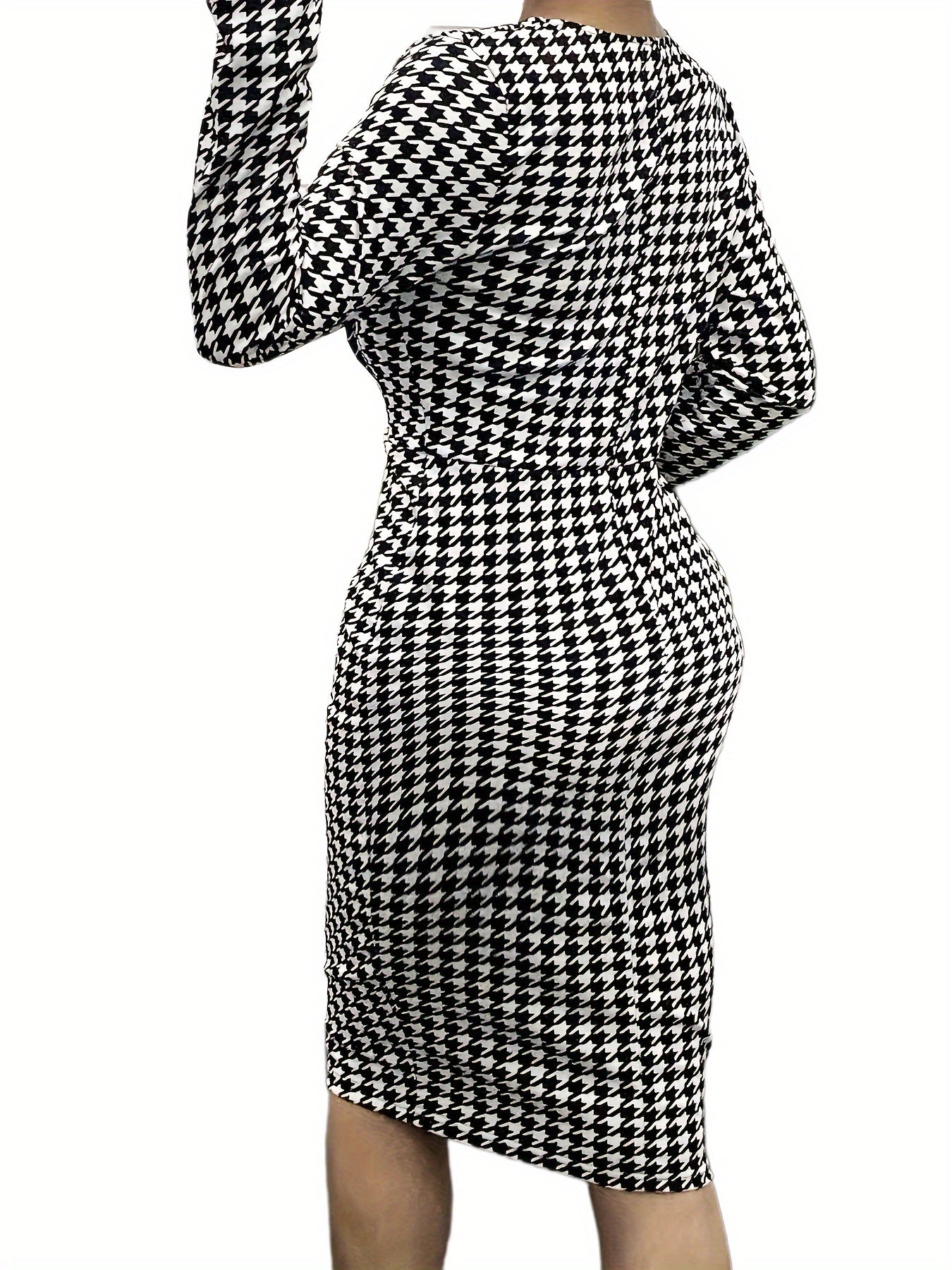 Stunning Plus Size Houndstooth Print Bodycon Dress - Plus Size Dresses - Long Sleeve, V Neck, Elegant