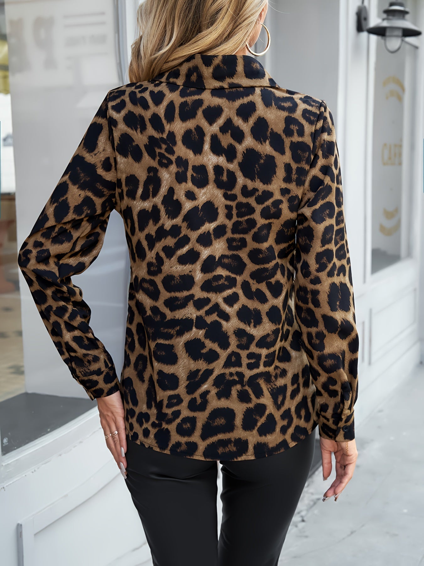 Trendy Leopard Print Polo Collar Shirt - Button-Down Long Sleeve for Chic Spring & Fall Style - Womens Fashion Clothing