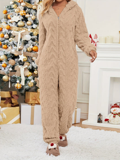 Cozy Fuzzy Jumpsuit - Women's Casual Long Sleeve Hooded Warm Jumpsuit for Fall & Winter - Soft Textured Zip Up Design, Comfortable and Versatile Clothing for Chilly Days