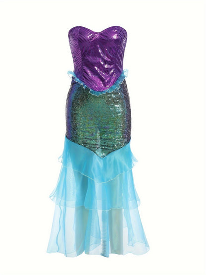 Mermaid Glamour Dress - Women's Strapless Ruffle Sequin Long Tail Cosplay Fancy Party Costume with Tube Top Design