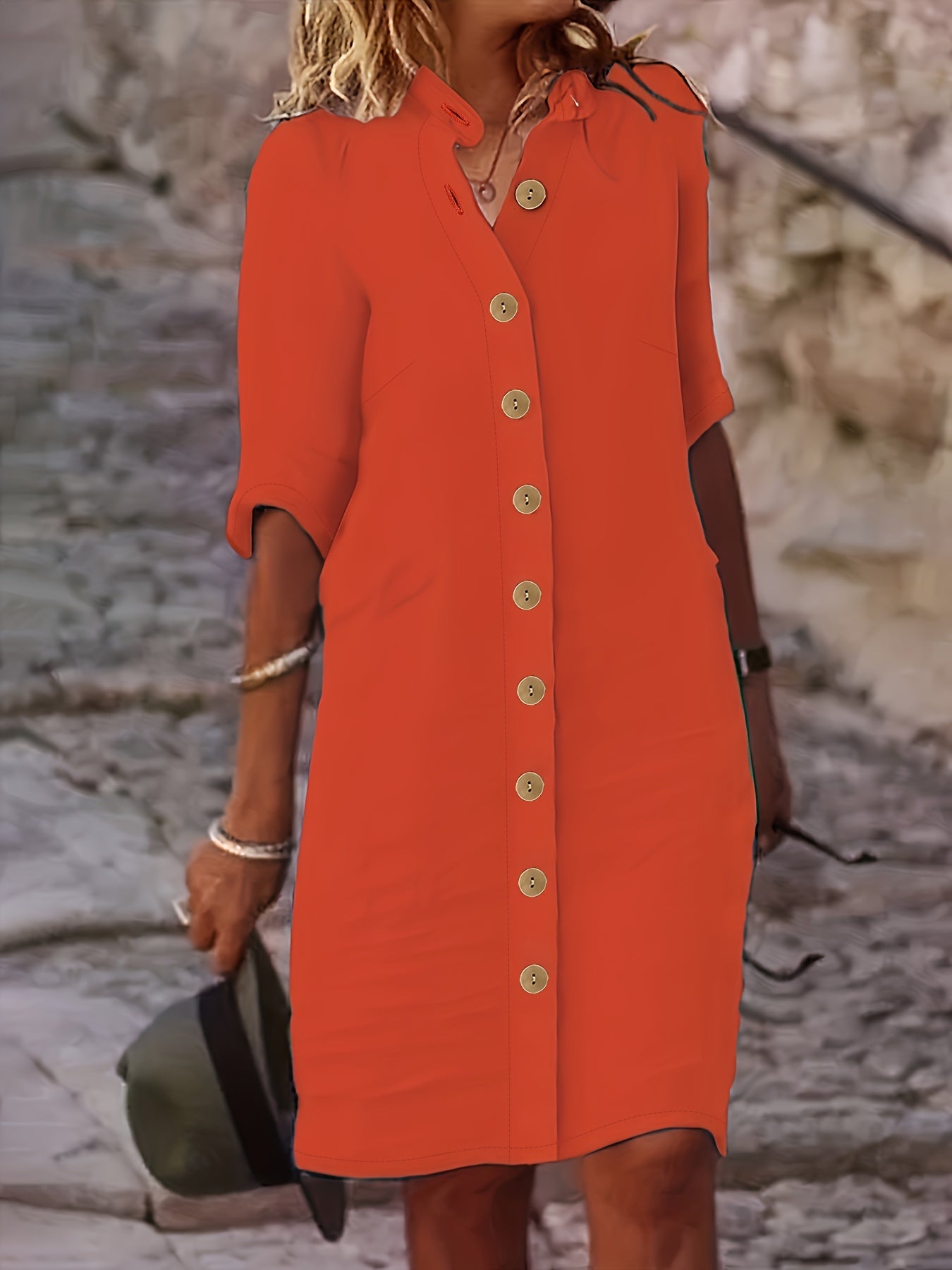 Midi Plus Size Elegant Shirt Dress - Stand Collar, Button-Up, Non-Stretch Polyester Fabric, Solid Color, Casual Weekend Wear, Machine Washable, No Belt or Chest Pad