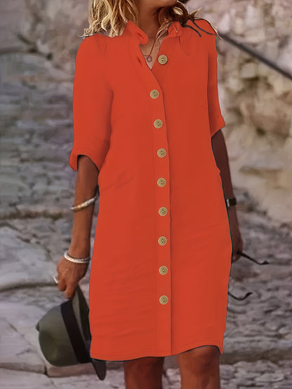 Midi Plus Size Elegant Shirt Dress - Stand Collar, Button-Up, Non-Stretch Polyester Fabric, Solid Color, Casual Weekend Wear, Machine Washable, No Belt or Chest Pad