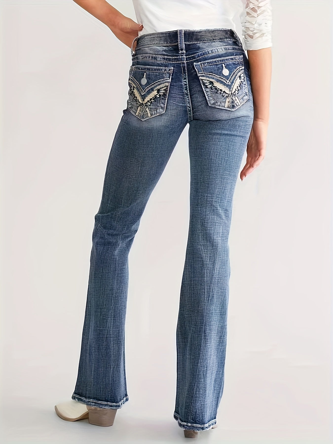 Women's High-Waisted Stretchy Jeans With Embroidered Floral Patter - LuxyXO