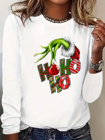 Camiseta con estampado gráfico de dibujos animados divertidos de Navidad, camiseta de verano transpirable de manga larga con cuello redondo, top para mujer