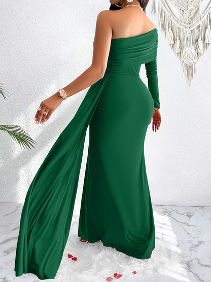 Impresionante vestido largo asimétrico de un solo hombro: diseño fluido, fruncido y elegante para fiestas, banquetes y ocasiones formales: ropa de mujer para eventos especiales