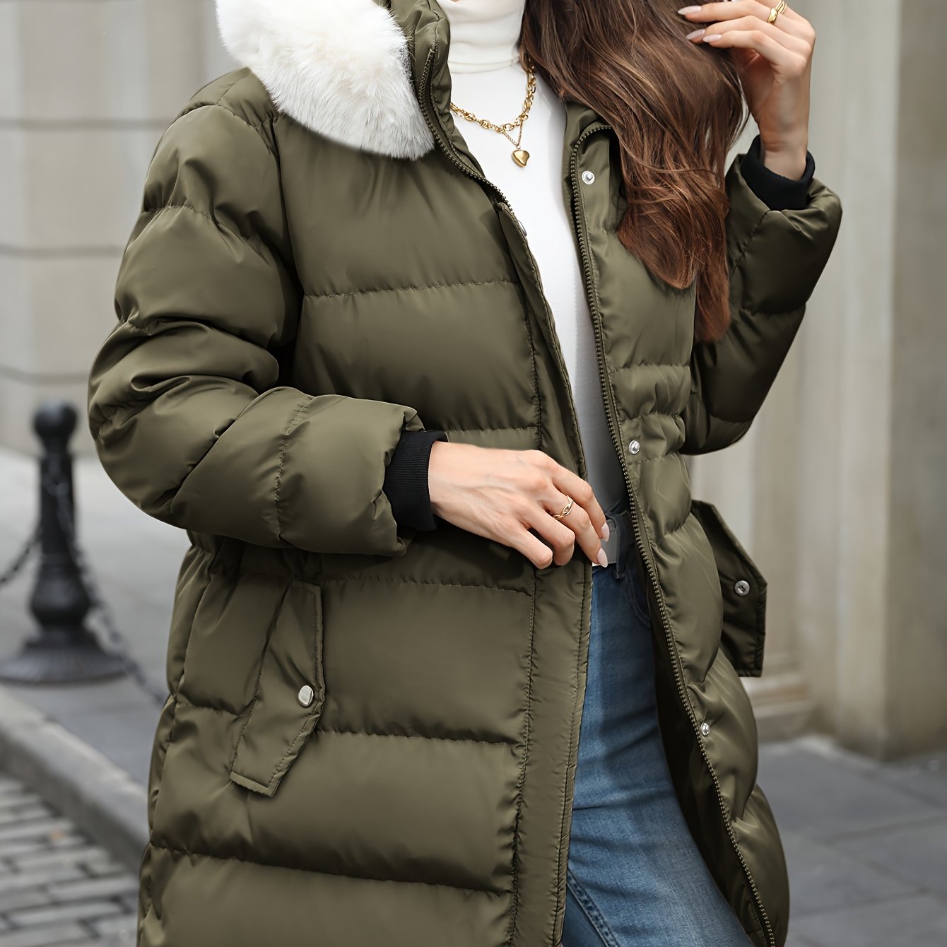 1pc Women'S Casual Hooded Puffer Jacket - Solid Color, Long Sleeve, Regular Length, Non-Stretch Polyester, Woven, Zipper Detail, Placket Closure, H-Fit for Fall/Winter