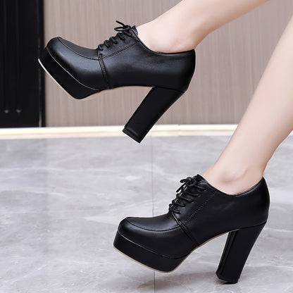 Womens Stylish Block Heel Ankle Boots - Rich Solid Hue, Elevated Platform, Chic Lace-Up Design - Versatile Dress Pumps for All-Occasions