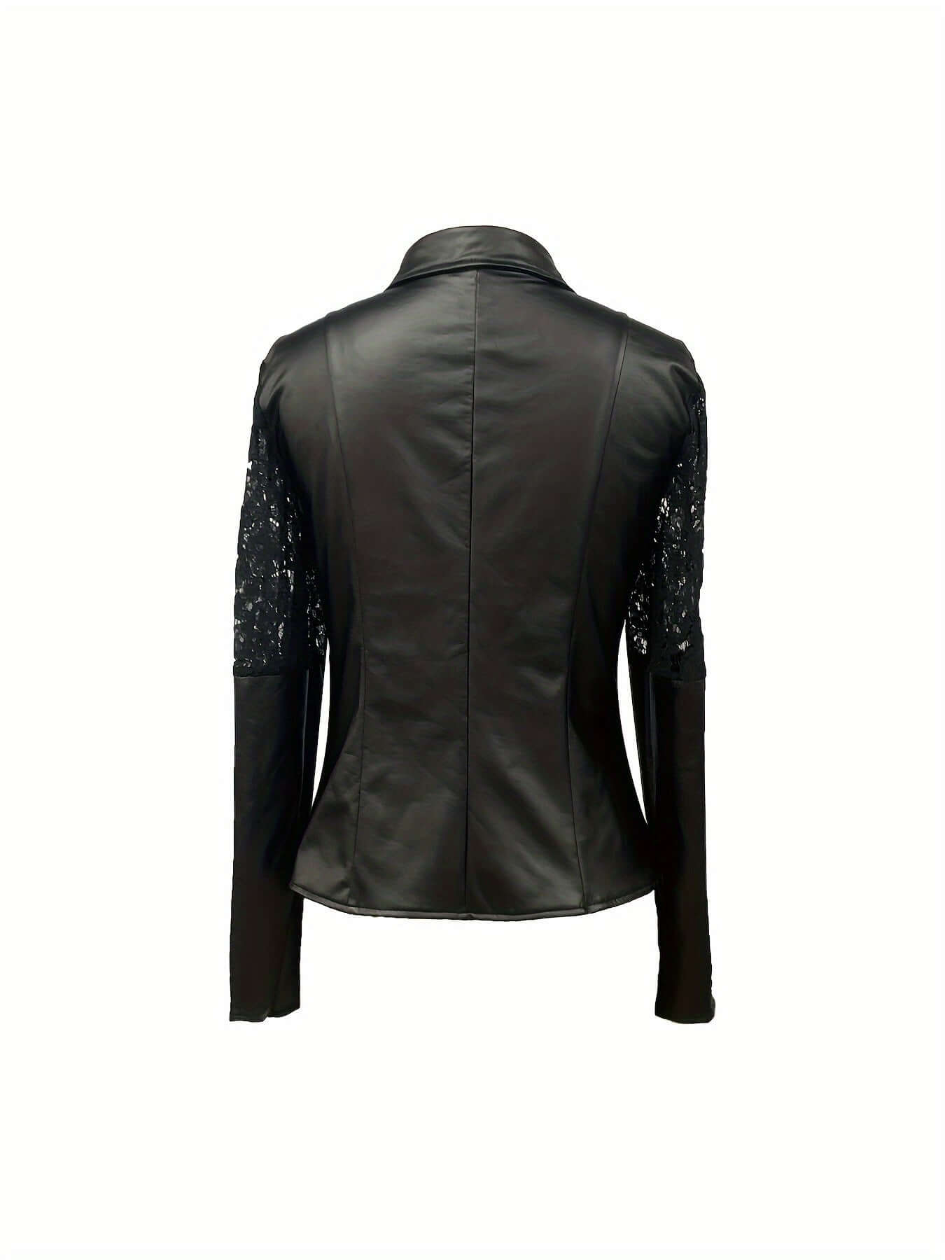 Chaqueta de piel sintética de moda para mujer con detalle de encaje en contraste, color liso, corte ajustado, parte superior informal, poliéster 90 % elastano 10 %, para todas las estaciones