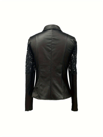 Chaqueta de piel sintética de moda para mujer con detalle de encaje en contraste, color liso, corte ajustado, parte superior informal, poliéster 90 % elastano 10 %, para todas las estaciones