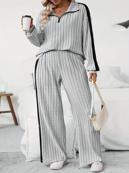 Plus Size Side Striped Ribbed Sweatshirt Set, Casual Half Zip Long Sleeve Sweatshirt & Wide Leg Pants Outfit