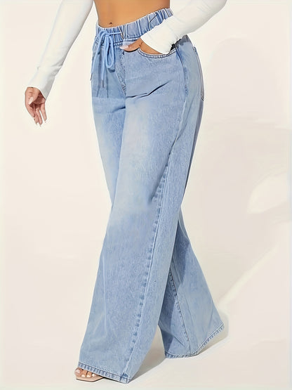 Soft Relaxed Fit Washed Denim Jeans - Elastic Waist, Drawstring Jeans - LuxyXO