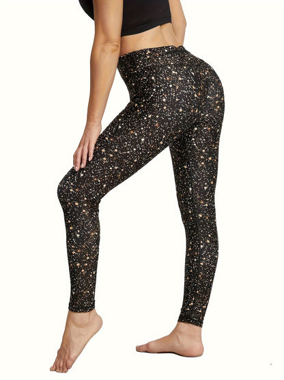 Women's High-Waist Yoga Leggings with Tummy Control, Butt Lift & Zipper Pocket - Golden Dust Print, Stretchy Activewear for All Seasons