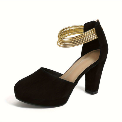 Elegant Women's Chunky Heel Pumps: Water-Resistant, All-Season Slip-On Shoes with Secure Ankle Strap