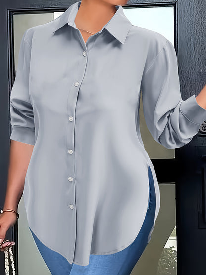 Elegant Women'S Plus Size Shirt - Polyester Long Sleeve Lapel Collared Button-Down Flared Hem Top with Slight Stretch