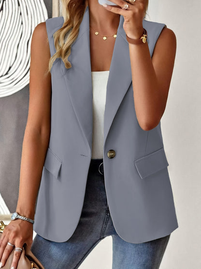 Chaleco elegante sin mangas con solapa: blazer para mujer con botones en el frente, color sólido, perfecto para primavera y otoño, ropa de moda para mujer para un look elegante