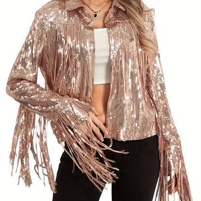 Women's Plus Size Sequin Party Jackets Trendy Sparkly Long Sleeve Open Front Tassel Jackets Clubwear