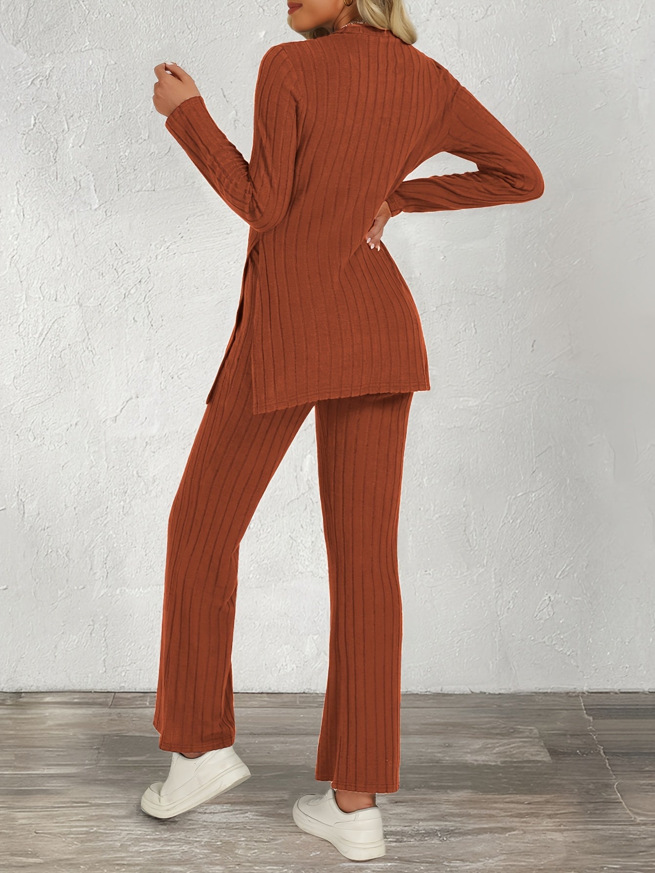 Trendy Two-Piece Ribbed Pantsuit Set - Long Sleeve Crew Neck Split Top & Strait Pants Outfit