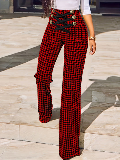 Stylish Houndstooth Wide-Leg Pants for Women - All-Season Comfort with Cross Tie Detail, Durable & Easy Care