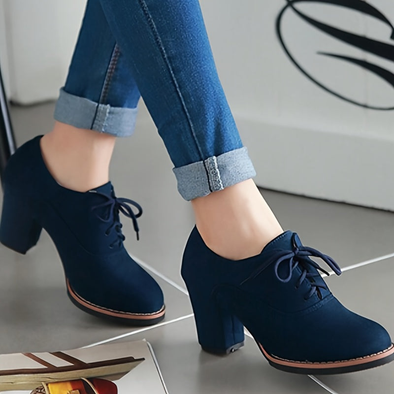 Comfy Chic Lace-Up Pumps - Solid Color, Round Toe, Chunky Heels, Breathable, Soft Insoles, Easy Slip-On Design, All-Match Office Shoes for Women