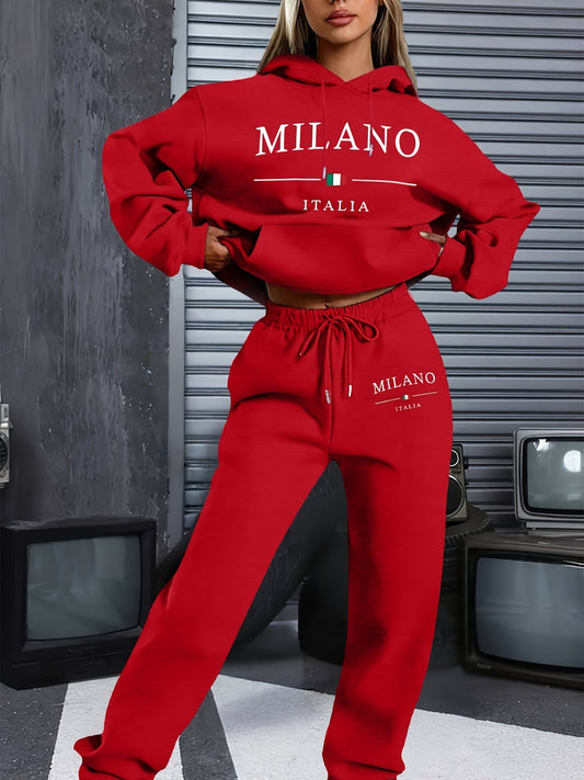 1set Milano Italy Theme Women's Casual Sweatshirt and Sweatpants Set, Long Sleeve Pullover with Hood, Cartoon Print, Polyester Knit Fabric, Pockets, for Autumn/Winter